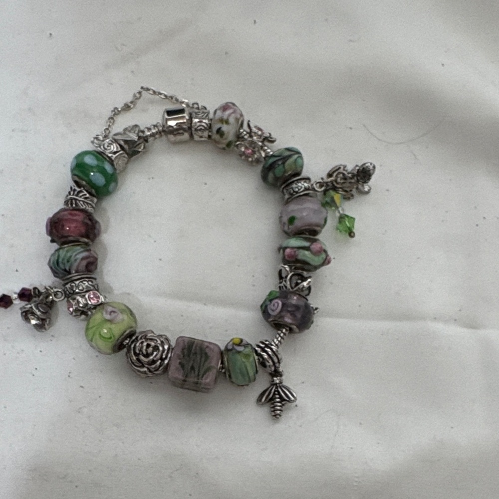 Pandora Style Multicolor Beaded Bracelet with Silver Charms